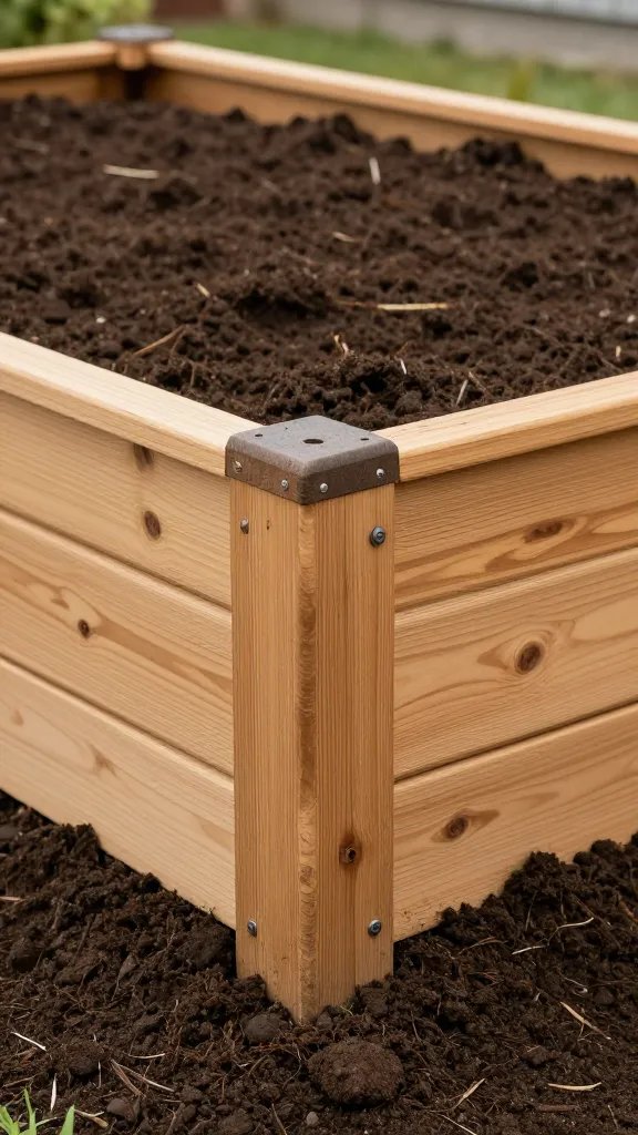closeup of cedar raised bed corner with fresh soil