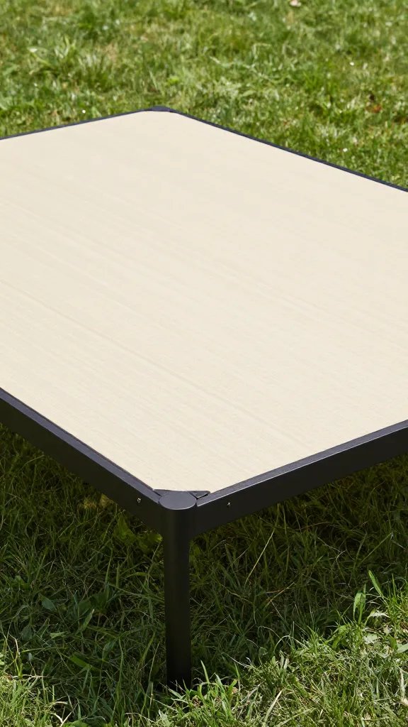 closeup of sunlit 4x8 bed frame outline on lawn
