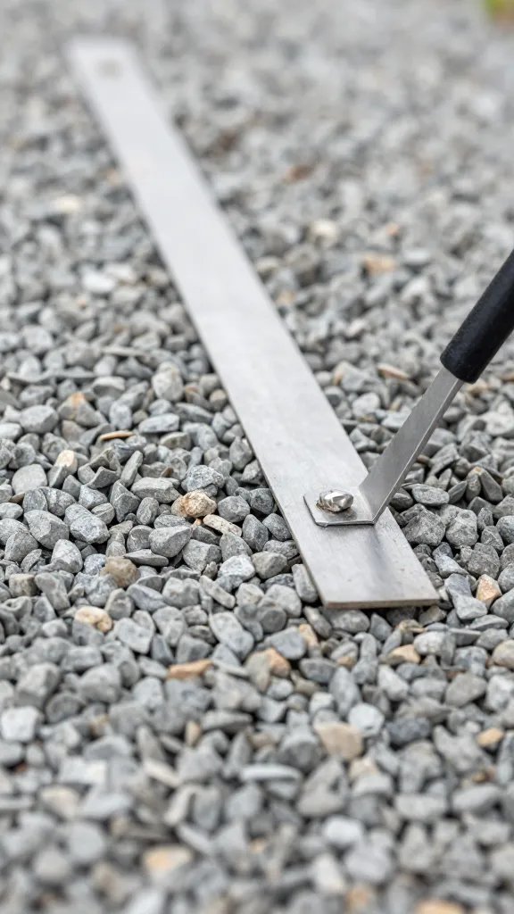 closeup of pea gravel being leveled with a straightedge