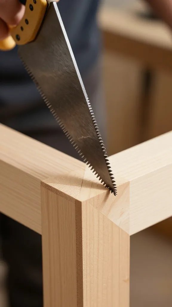 Closeup of a woodworking hand saw cutting a frame corner