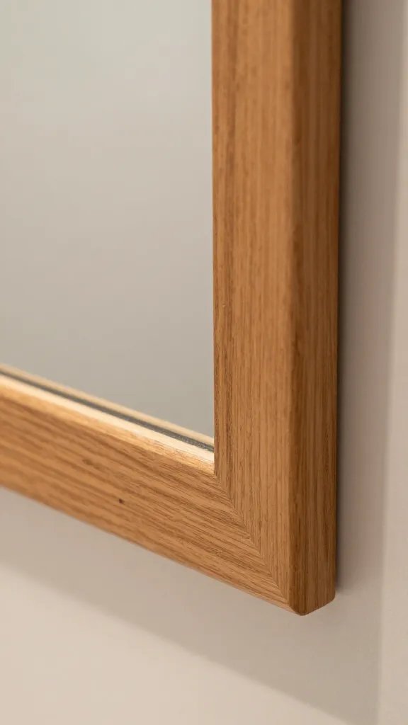 Closeup of a stained wood frame with mirror edge reflecting bathroom light