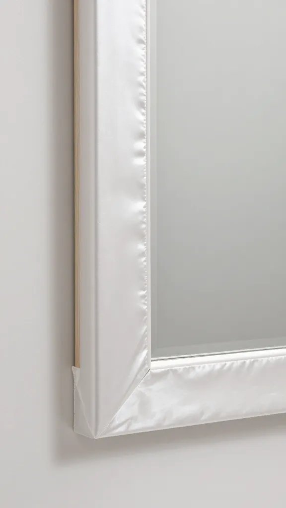 Closeup of a finished wood frame wrapped in satin polyurethane on bathroom mirror