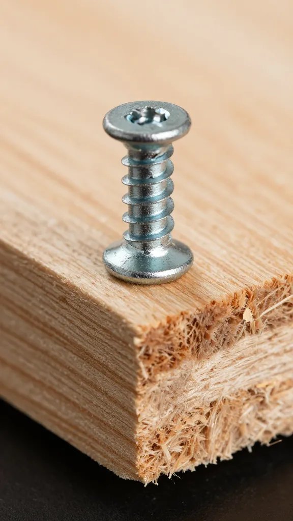 Macro image of a screw and wood shavings on 2x4 lumber edge