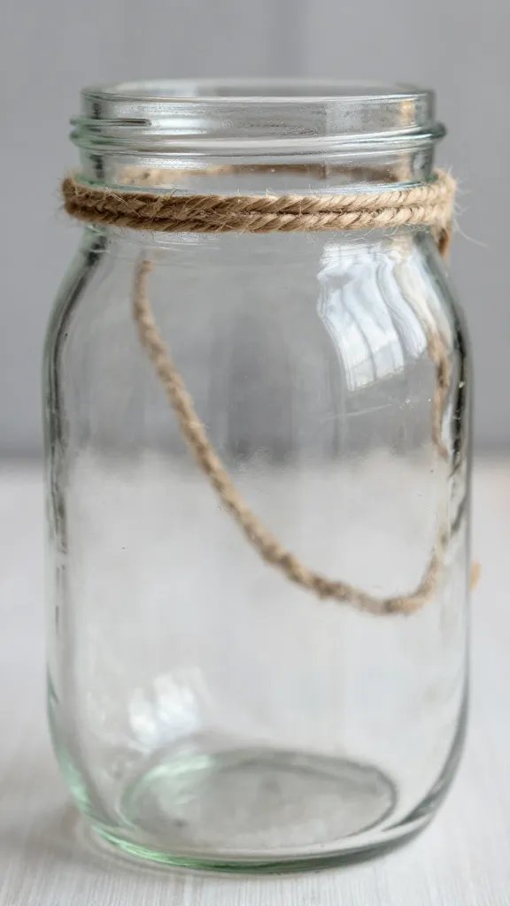 Close-up of a glass mason jar lantern with twine handle
