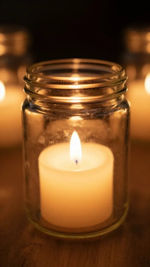Closeup of jar glow with warm candle and soft bokeh background