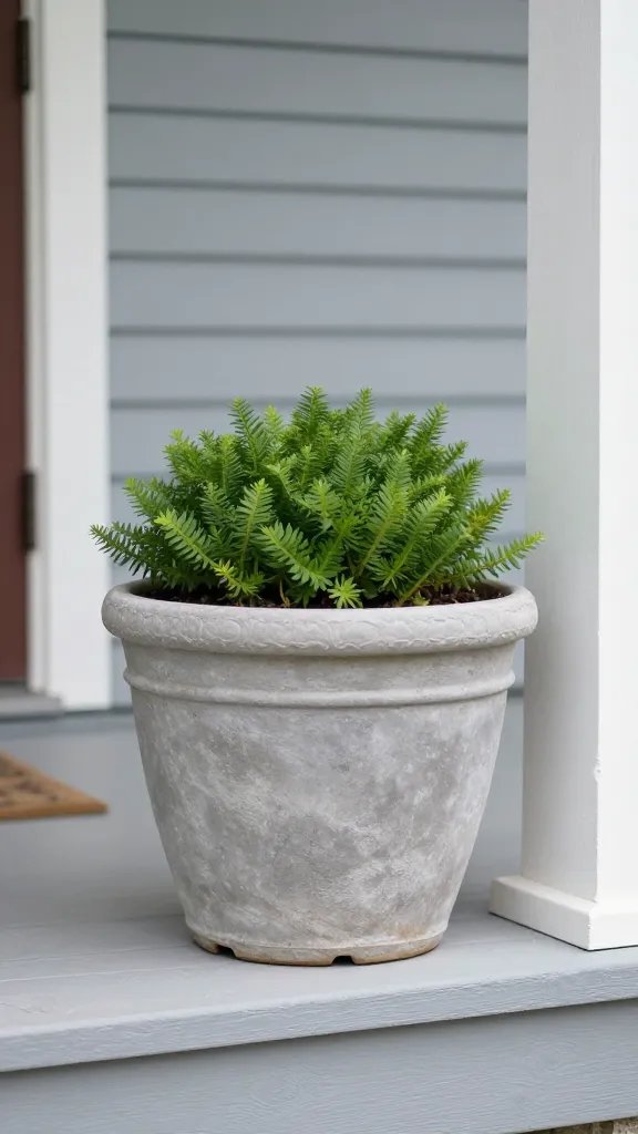 closeup of a single statement planter on a small porch step