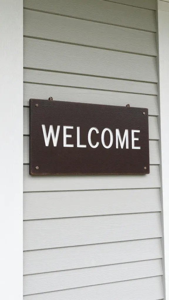 closeup of a welcoming sign mounted on a compact porch wall